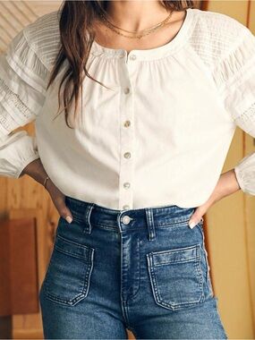 Faherty Enna White Button-Front Puff Sleeve Blouse